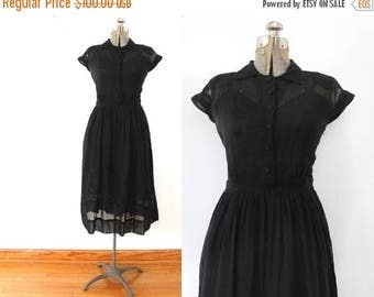 ON SALE Black 1940s Dress / 40s Sheer Black Cotton Voile Dress