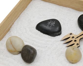 Mini Zen Garden - Karesansui with White Sand - Includes Rocks, Rake, and Zen Power Stone - White Sand or Black - Sustainable Harvest Oak