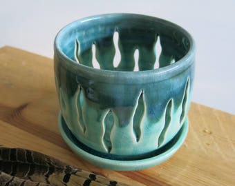 Aqua Blue Green Ceramic Orchid Planter Small Flower Pot Mothers Day Gift Idea Home Decor, Handmade Artisan Pottery by Licia Lucas Pfadt