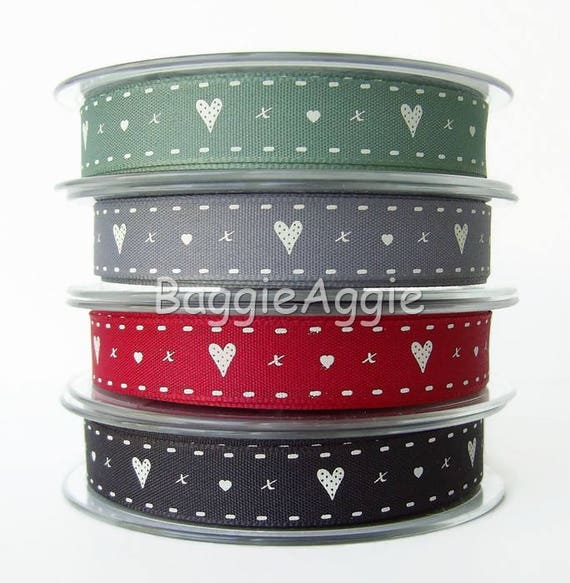2m Hearts + Kisses Christmas Ribbon or Valentine's Ribbon. Green, Grey, Black, Red.