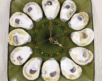 Dozen Oysters on the Half Shell Wall Clock - green and gold