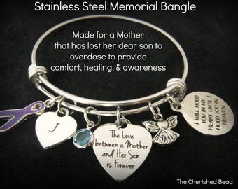 Stainless Steel Memorial Bangle for Mother's that lost their Son's to Drug Overdose - Awareness, Grief Support,Healing,Non-Denominational
