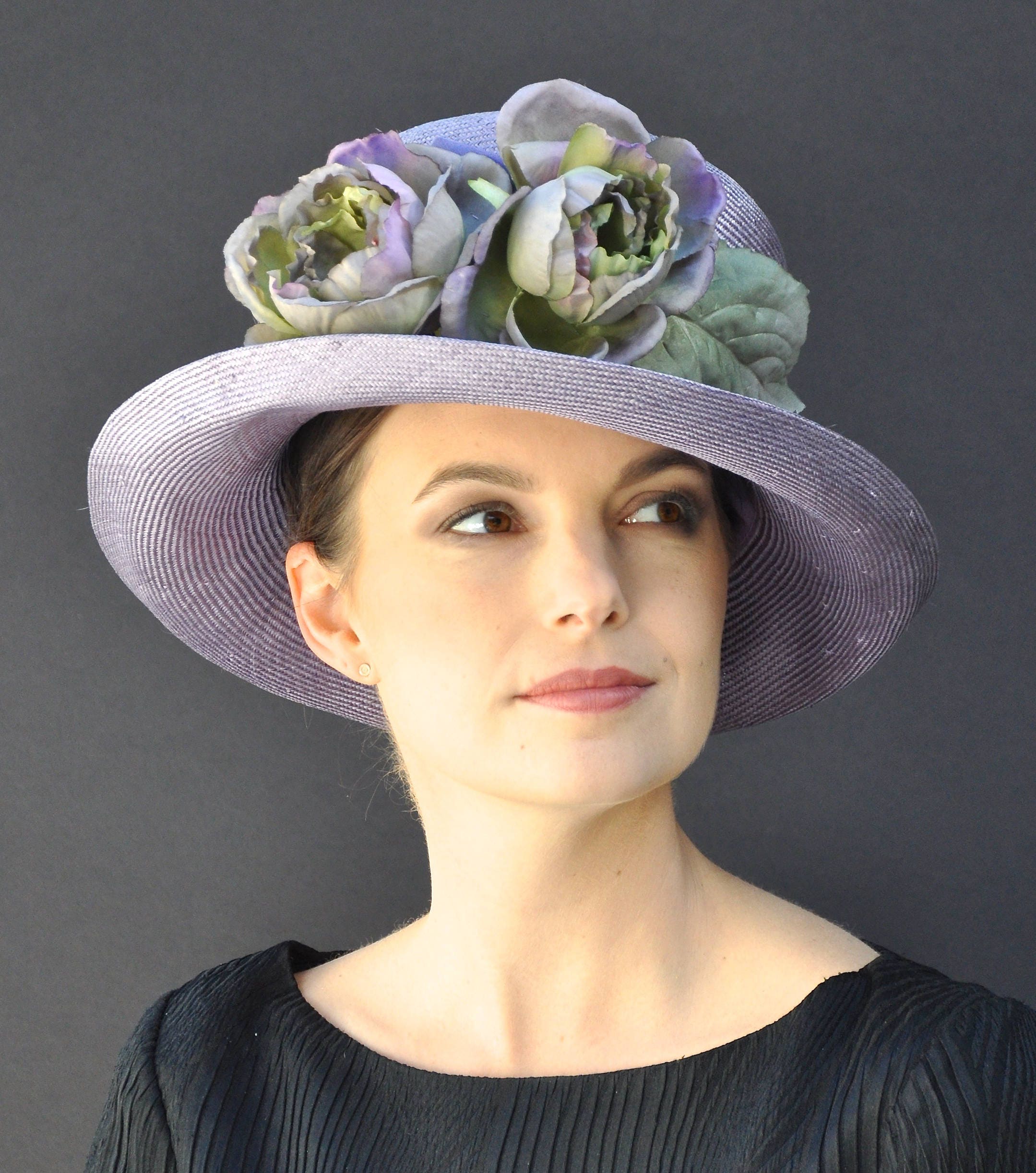 Womens Hat, Wedding Hat, Derby Hat, Purple Straw Hat, Hat with Flowers, Tea Party Hat, Garden 