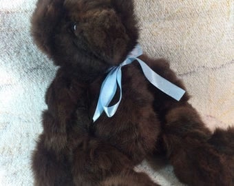 SUMMER SALE Real Fur Teddy Bear Rabbit Fur Dark Brown Teddy Bear Handmade Blue Bow