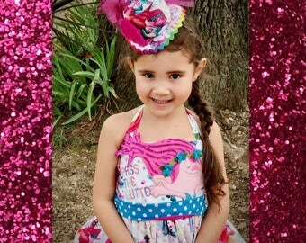 Toddler Girls Trolls Poppy Dress and Petti, Hand Applique Poppy face, Sparkle Trolls Fabric, Chiffon Petti Skirt, size 12 month through 8