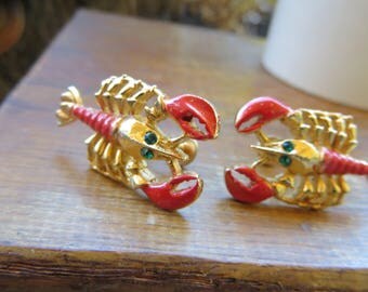 Vintage Lobster Earrings Enameled Metal Gold tone Lobster Screw Back Earrings with Emerald Green Rhinestone Eyes Adorable Lobster Earrings