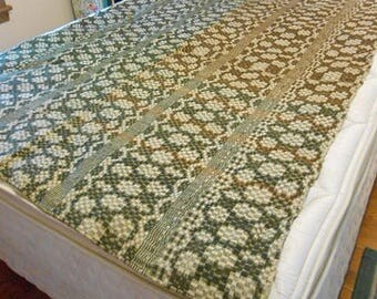 Early AMERICA CHECKERBOARD COVERLET 1840's Hand Woven Wool & Homespun Cotton Overshot, Dark Indigo Walnut Brown Ecru 57 x 81 Linsey Woolsey