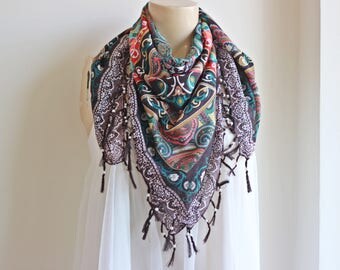 Brown Scarf /Neon Square Scarf with Tassels and Pearls- Tile Pattern Scarf-Ottoman Print Scarf-Turkish Anatolian Scarf-Brown and Ivory Scarf