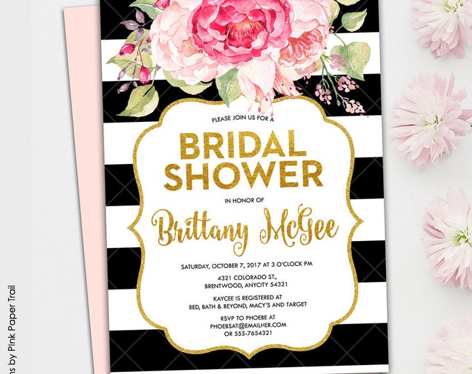 Pink Floral Glam, Black and White Stripes Gold Glitter and Floral Pink Printable Bridal Shower Invitation