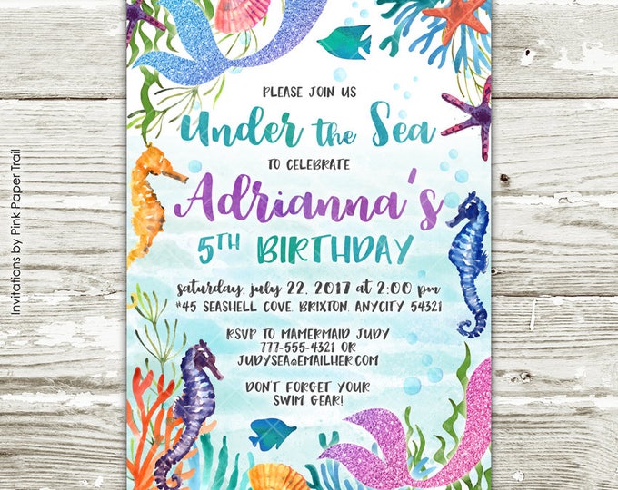 Mermaid Birthday Party Invitation, Glitter Mermaid, Under the Sea Mermaid Ocean Seahorse Seashells Starfish Printable Birthday Invitation