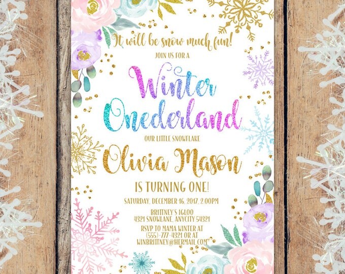 Winter Onederland Birthday Invitation, Pink and Gold Snowflake Baby Blue and Purple Floral Winter Onederland Party Printable Invitation