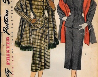 Simplicity 8429 Vintage 1960s 2-Pc Suit Slim Skirt And Jacket With Stole Sewing Pattern Size 14 Bust 32