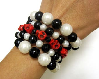 Day of the Dead Skull Bracelet Black White Red Stacked Diva Sugar Skull Bracelet