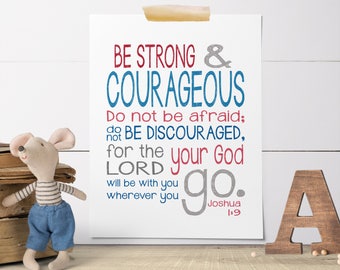 Printable Baptism Gift - Baptism Gift Boy - Be Strong And Courageous - Joshua 1 9 - Nursery Scripture Printable- Printable Nursery Decor Boy