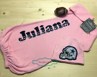 Personalized Baby Gown and Hat Set, Dallas Cowboys Baby Girl, Newborn Gown, Baby Cowboys Outfit, Baby Shower Gift, Dallas, Baby Girl Cowboys