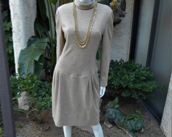 Vintage 1980's Adele Simpson Beige Wool Dress - Size 12