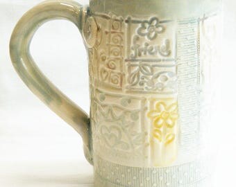 ceramic patchwork soft blue coffee mug 16oz stoneware 16D091