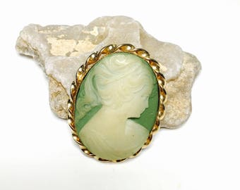 Large Vintage Cameo Brooch in Gold Tone, Green and White, Clearance SALE Item No. B092
