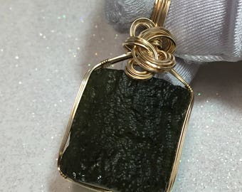 MOLDAVITE Pendant 14k Gold Fill - w/ necklace Wire Wrapped Jewerly 2726g7-2