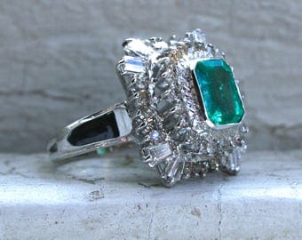 Retro Vintage 14K White Gold Diamond and Emerald Cluster Engagement Ring - 1.15ct.