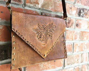 Leather Envelope Clutch-HandMade-Women's purse-Tooled Design-Gift for her-Made to order