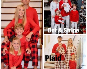 Organic Family Christmas pajamas top and pants sets gray red & white stripes baby toddler kids monogrammed PJs cotton Monogrammed PJs