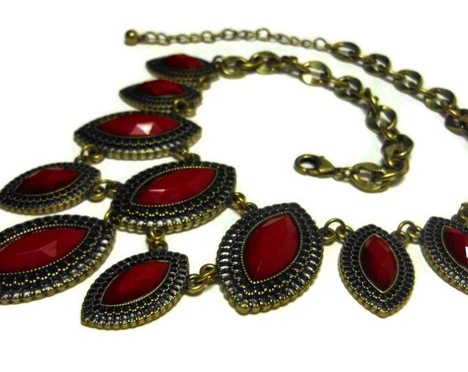 Red bib necklace, ruby red necklace, marquise cut cabochons, lucite red beads, gold chain, filigree frames, Dynasty Show Girl Drag runway