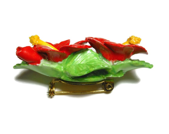 FREE SHIPPING Hibiscus china brooch, Denton china pin made in England, red hibiscus flower, floral brooch, red yellow green porcelain brooch