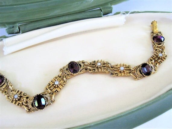 Amethyst Pearl Bracelet - Unsigned Beauty - Jeweled Rhinestone - Tennis Bracelet
