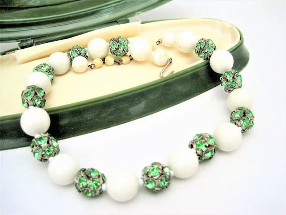 Green Rhinestone Choker - White Bead Necklace - Vintage Choker