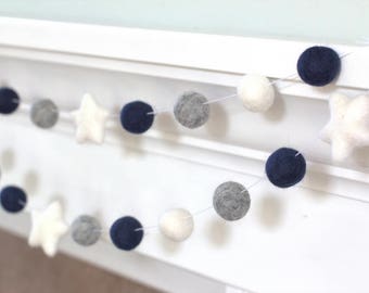 Navy Gray White Felt Ball & Star Garland- Pom Pom- Nursery- Holiday- Wedding- Party- Childrens Room