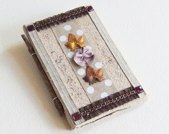Carnet de Note Nature - Papier Pur Chiffon - Tissu Lin, Satin, Métal Cuivre, Strass, Bois - Marron et Ecru - Création unique