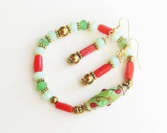 Parure bijoux avec Pierres de Gemmes - Comme dans un jardin - Pierre Hématites, Perles Verre Lampwork - Bijou créateur en pièce unique
