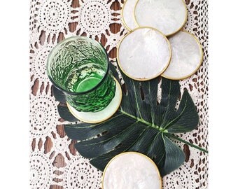 Set of 6 Vintage Capiz Mother of Pearl Shell Drink Coasters, Wedding Decor, Beach Bungalow MCM Island Style, 1970s Home Decor, Bohemian