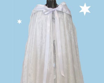 Girl's White Velour Long Hooded cape with bag and string of beads