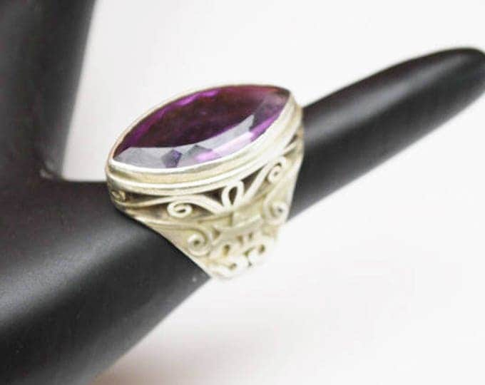 Amethyst Sterling Ring - size 5 - Silver filigree - Purple gemstone - Large chunky boho ring