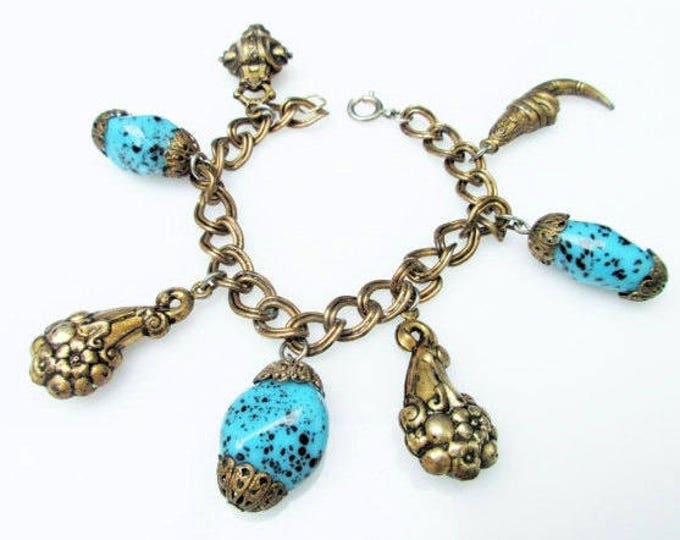 Brass Charm Bracelet - Turquoise blue art glass - unique brass charms- chain bangle