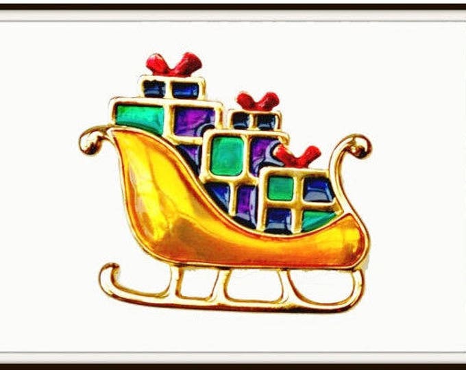 Christmas Sleigh Brooch - presents - gold purple green enamel - Holiday pin