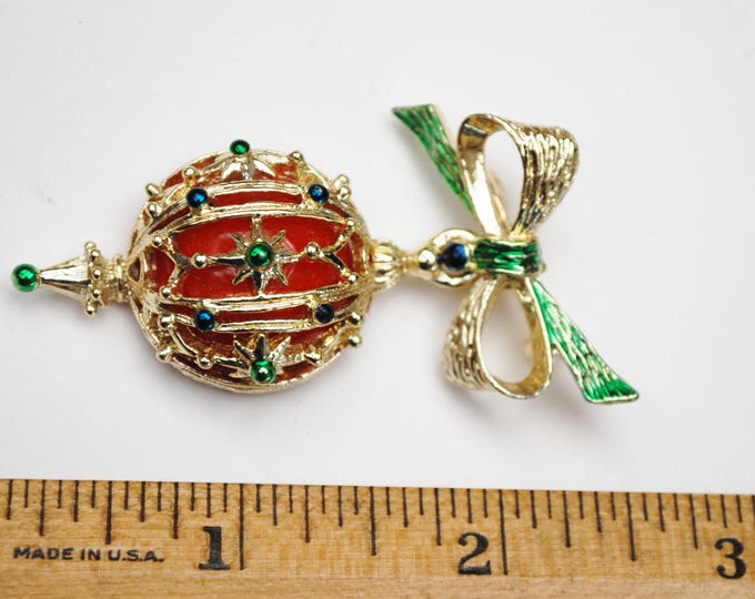 Christmas Ornament Brooch - Holiday pin - Red ball - Gold bow dangle pin