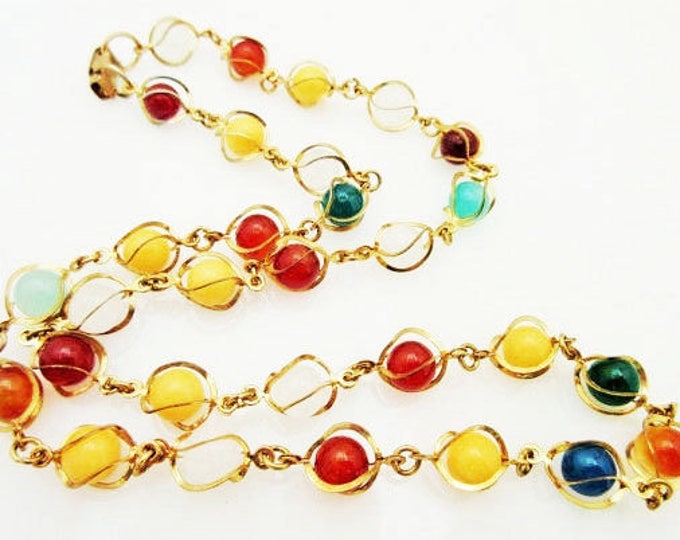 Gemstone Bead Necklace - Caged gold tone metal - polished quartz jasper carnelian and Agate beads