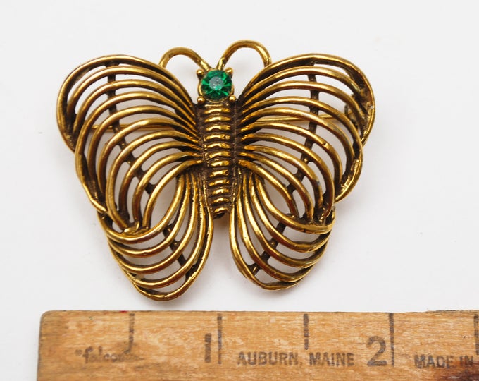 Gold Butterfly Brooch _ Signed Jeanne - Goldtone with green rhinestone - Designer signed - 1960s