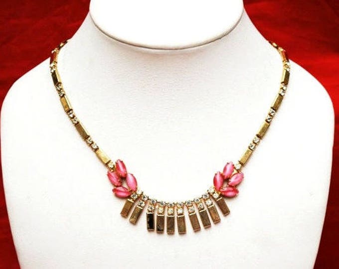 Rhinestone gold necklace - mid century - collar choker Bib - Pink glass moonstone