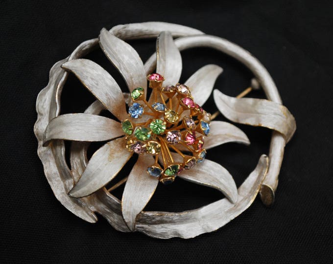 Enamel flower Brooch - white enamel on gold - colorful rhinestones -Floral pin