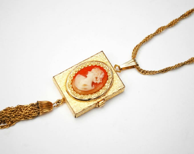 Vintage Locket- Cameo Necklace - Victorian Revival - Resin Cameo - gold four photo locket