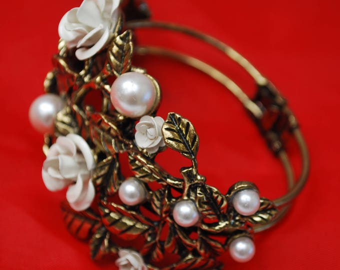 Flower clamper Bracelet - Gold repouse - white pearls,enamel flowers - wide Hinged bangle