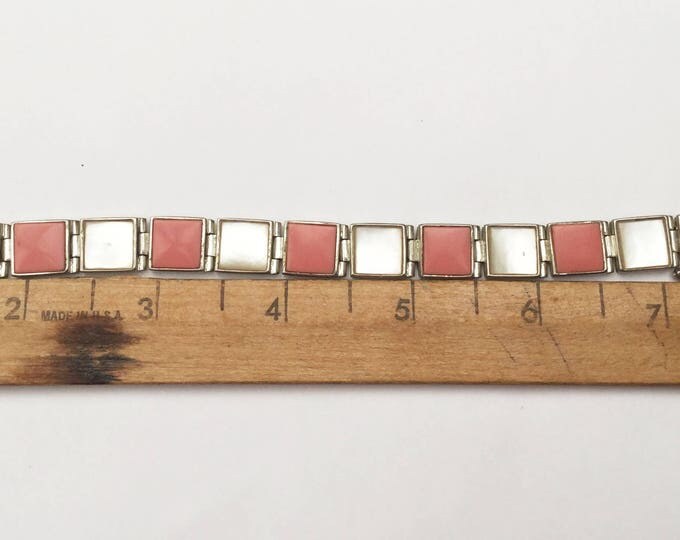 Sterling Pink and White Shell link Bracelet - white mother of pearl - Silver square links - FAS signed