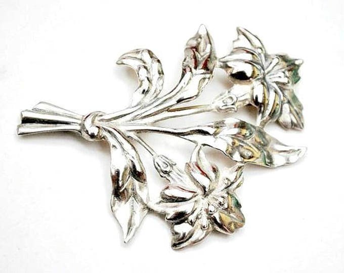 Sterling Flower Brooch - Signed Danecraft - Large Art Nouveau floral Silver pin - 29 grams