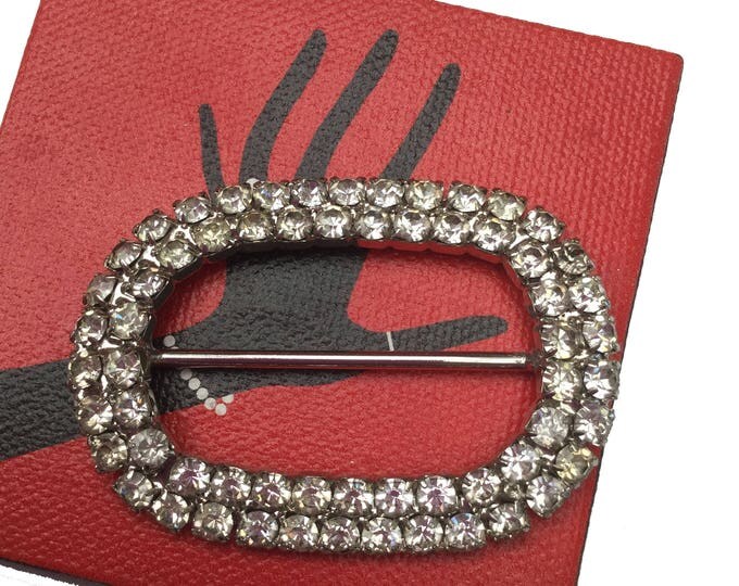 Rhinestone belt buckle - silver metal - scarf ring - Clear Crystal - oval