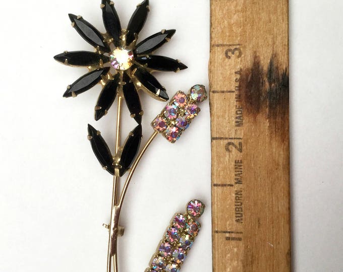 Rhinestone Flower Brooch - black facet crystals petals - Aurora borealis - Floral pin