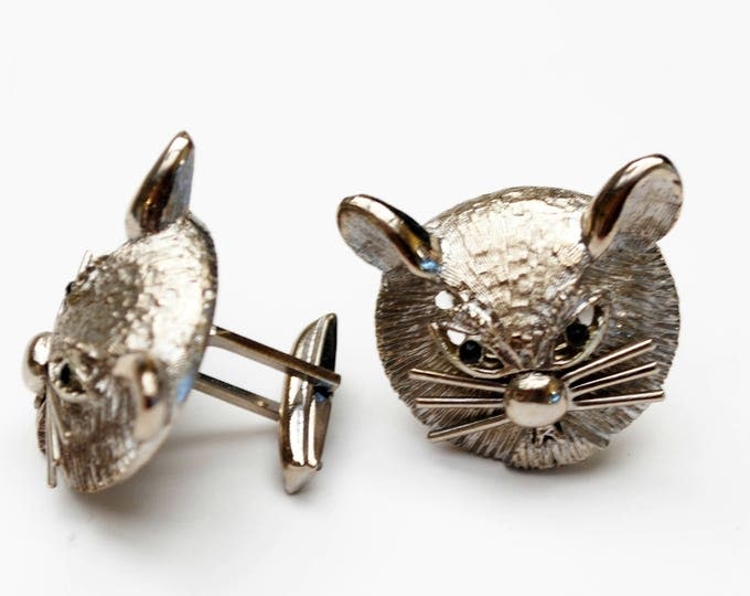 Silver Cat Cuff links - feline cufflink - black rhinestone - pat pend signed - Kitty cat head